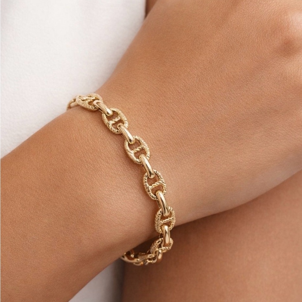 14K Gold Plated Mariner Anchor Link Bracelet | Nautical Bold Statement Jewelry - Picture 1 of 10
